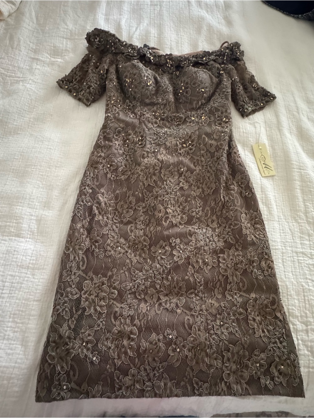 NWT Rina di Montella Taupe Lace Beaded Cocktail Dress Size 8